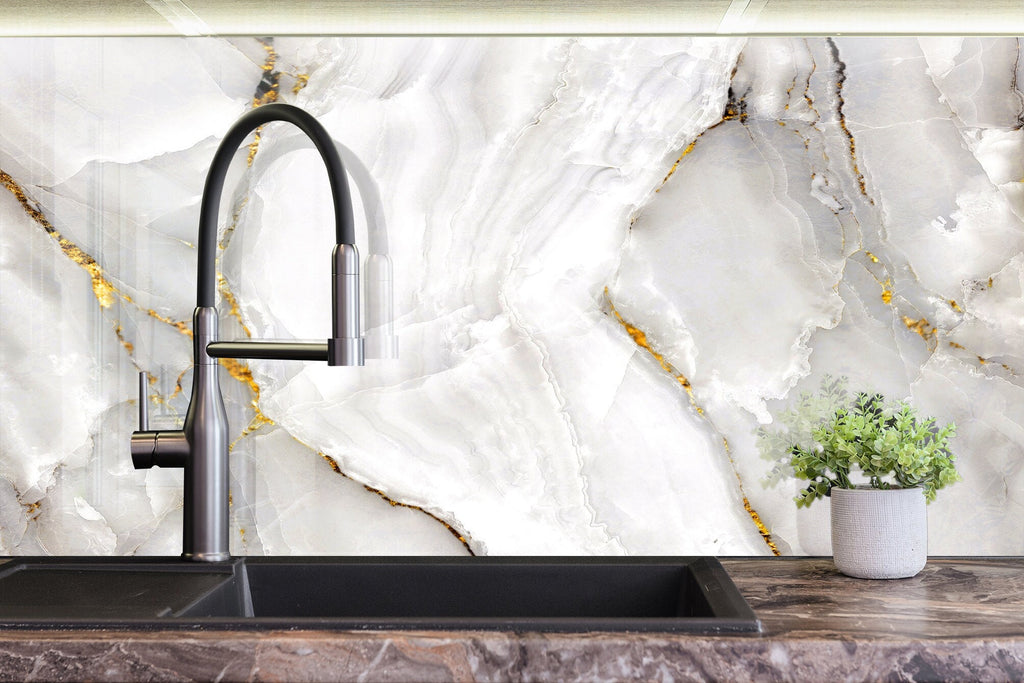 Elegant White Marble with Gold Veins - Glass Kitchen Backsplash-BacksplashArtworks