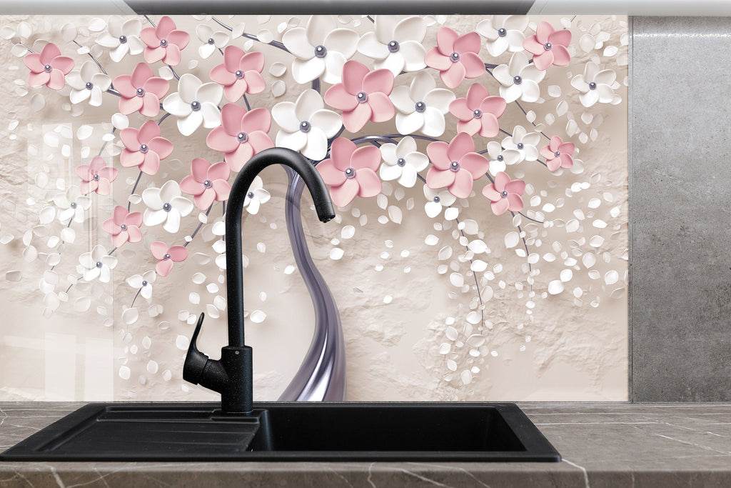Pink Sakura Tree Tempered Glass Backsplash-BacksplashArtworks