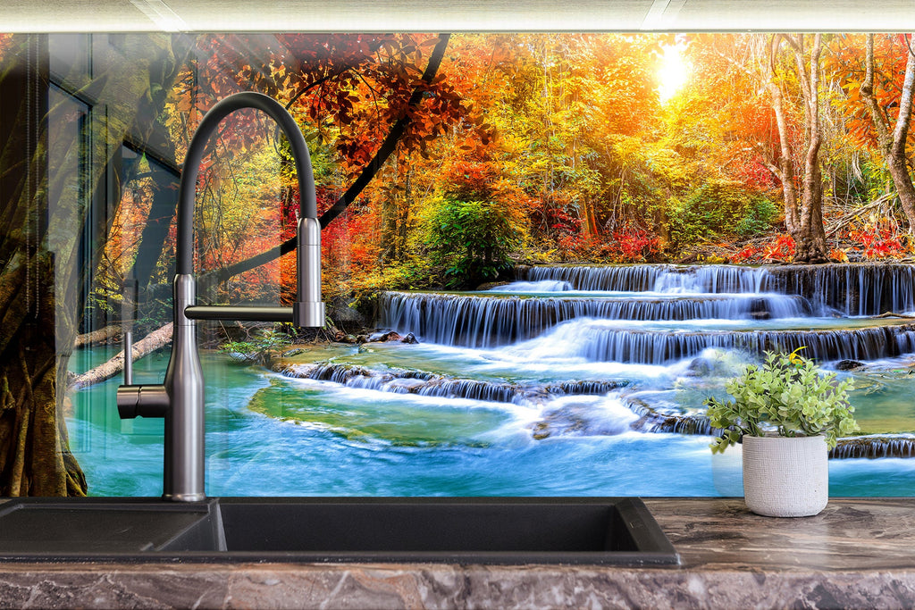 Enchanting Autumn Waterfall – Glass Kitchen Backsplash-BacksplashArtworks