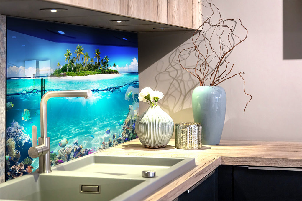 Tropical Island Ocean View Glass Kitchen Backsplash – Tranquil Paradise Design-BacksplashArtworks