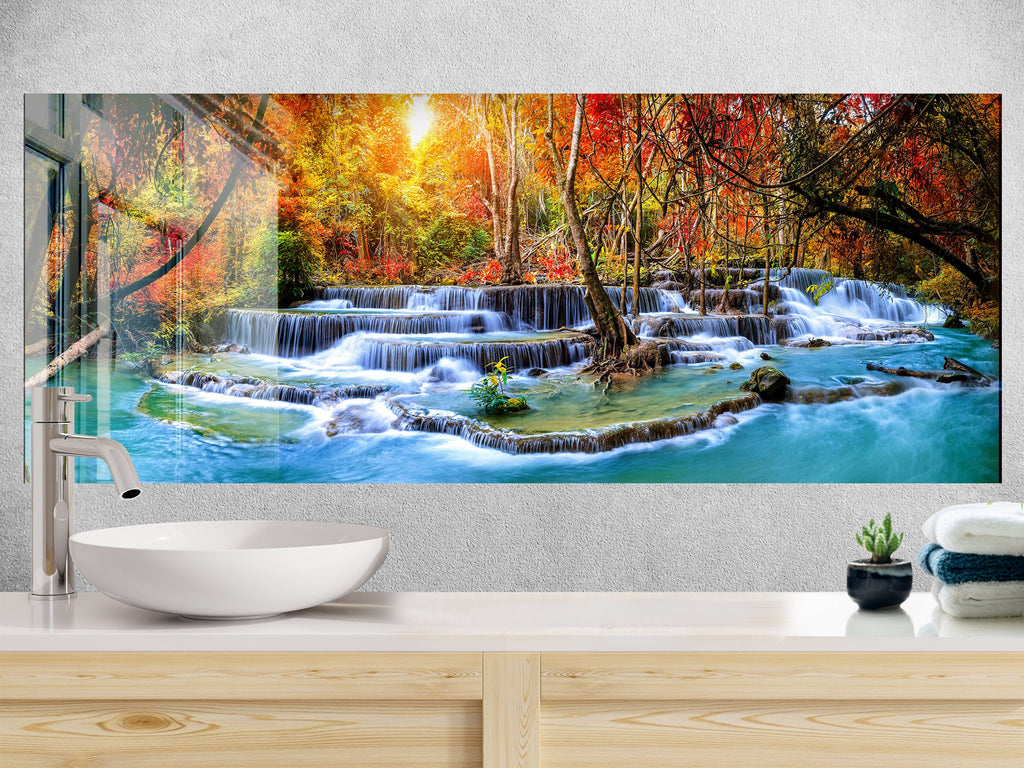 Enchanting Autumn Waterfall – Glass Kitchen Backsplash-BacksplashArtworks