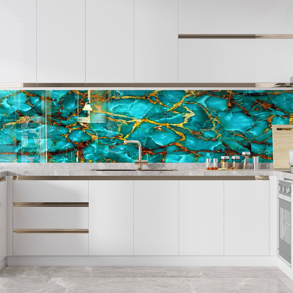 Turquoise & Gold Geode Design - Glass Bathroom Backsplash-BacksplashArtworks