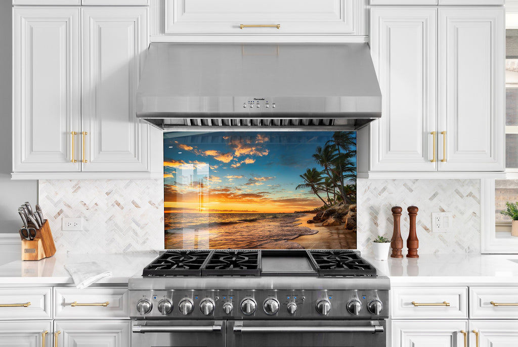 Golden Sunset Beach Glass Backsplash – Tranquil Ocean View-BacksplashArtworks