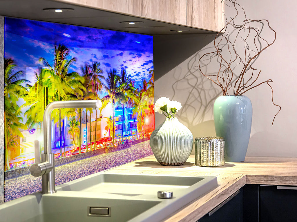 Miami Beach Neon Nights Wall Art – Glass Backsplash-BacksplashArtworks
