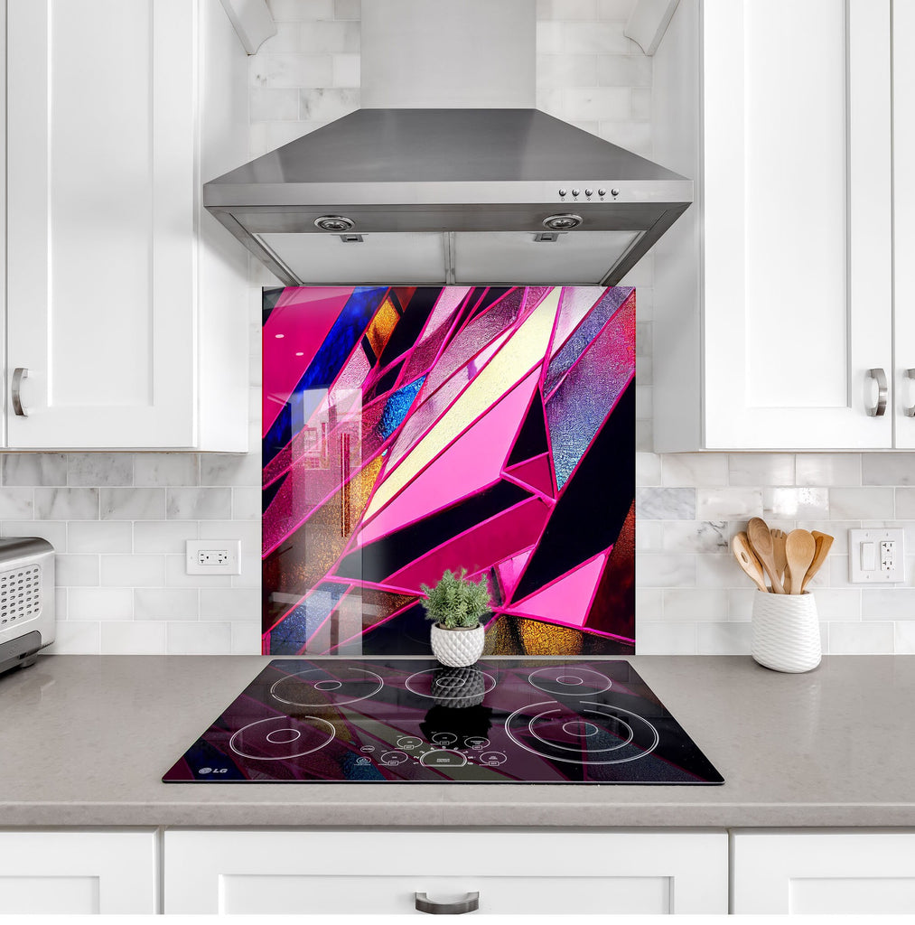Pink & Gold Geometric - Glass Kitchen Backsplash-BacksplashArtworks