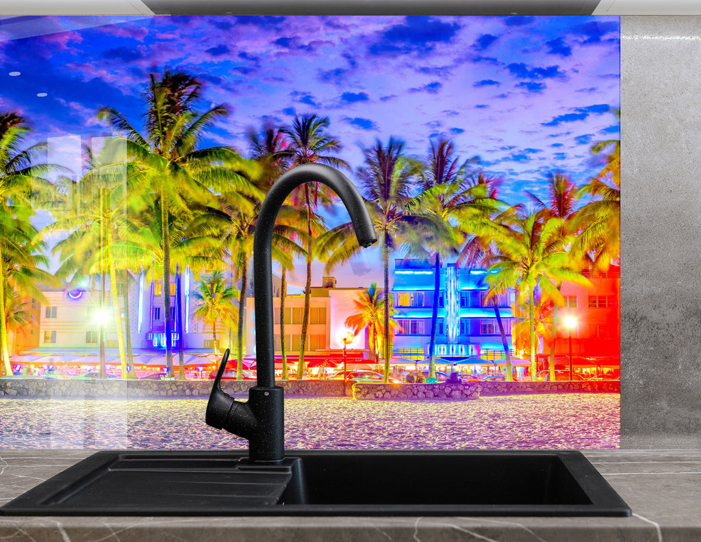 Miami Beach Neon Nights Wall Art – Glass Backsplash-BacksplashArtworks