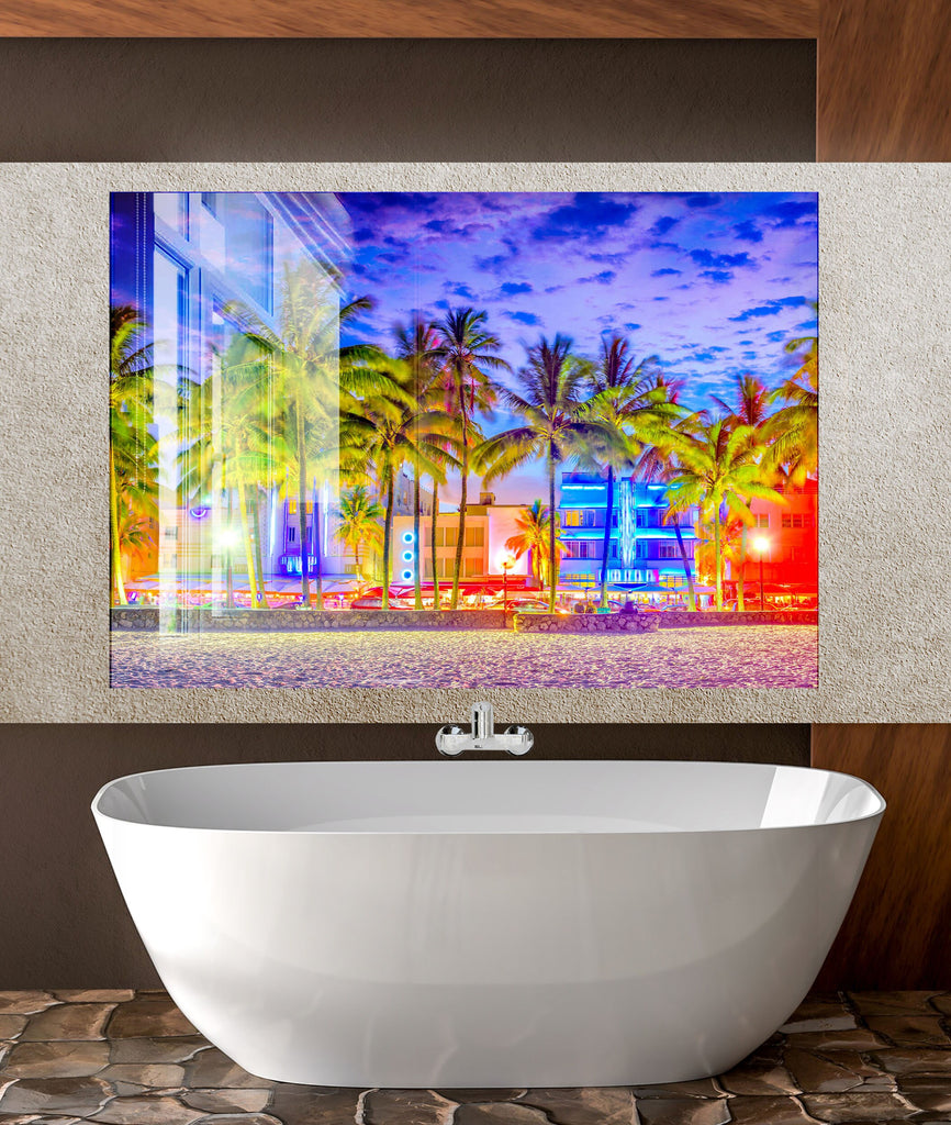 Miami Beach Neon Nights Wall Art – Glass Backsplash-BacksplashArtworks