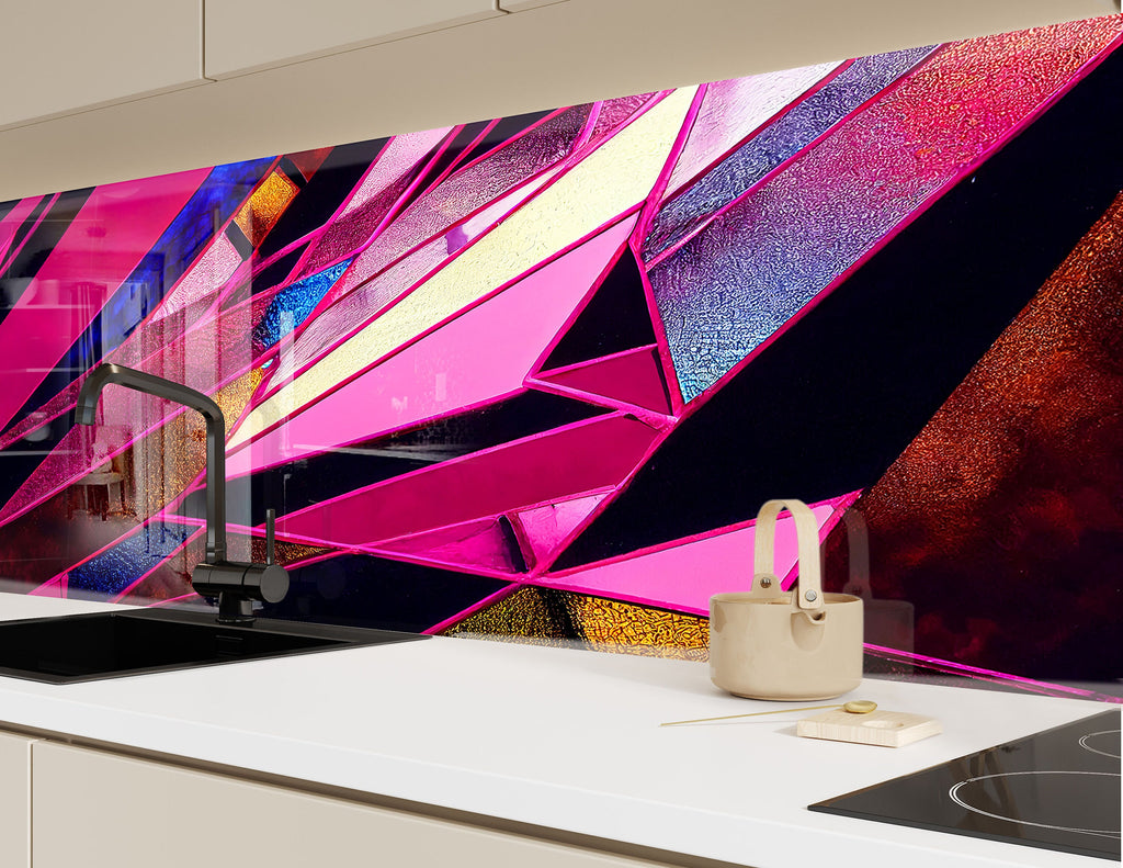 Pink & Gold Geometric - Glass Kitchen Backsplash-BacksplashArtworks