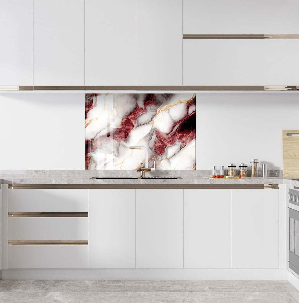 Red & White Marble with Gold Veins - Glass Kitchen Backsplash-BacksplashArtworks
