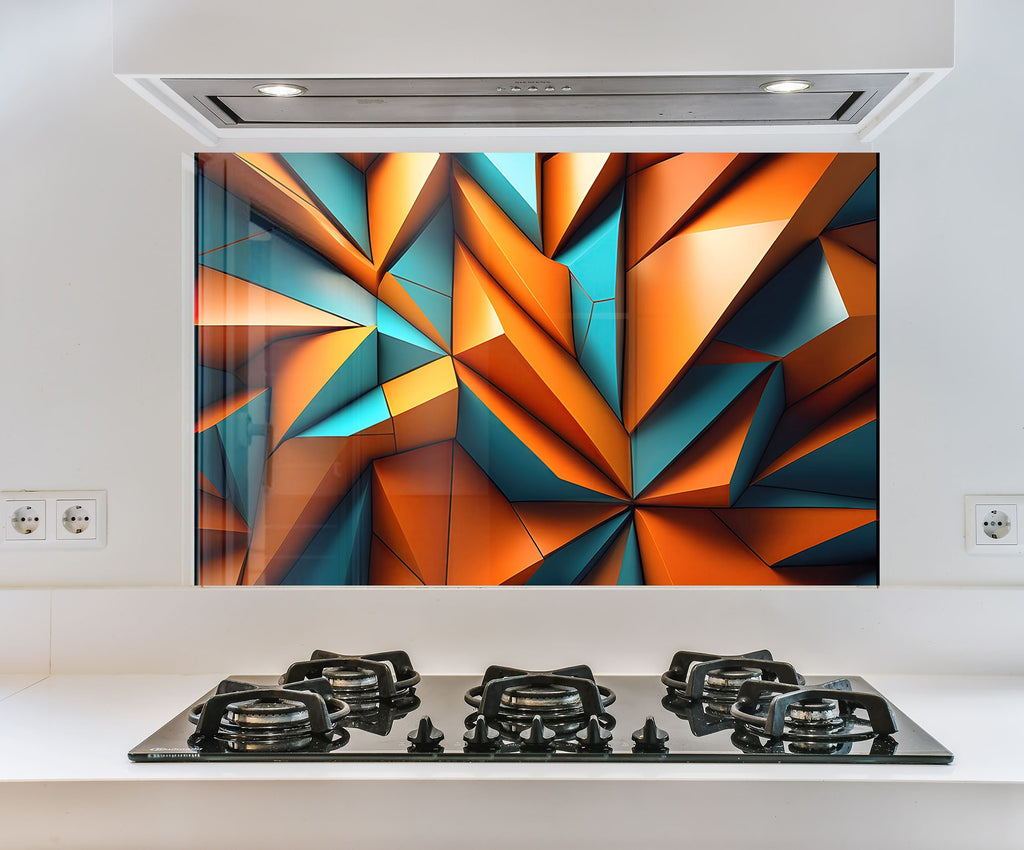 a picture of an abstract painting on a wall above a stove