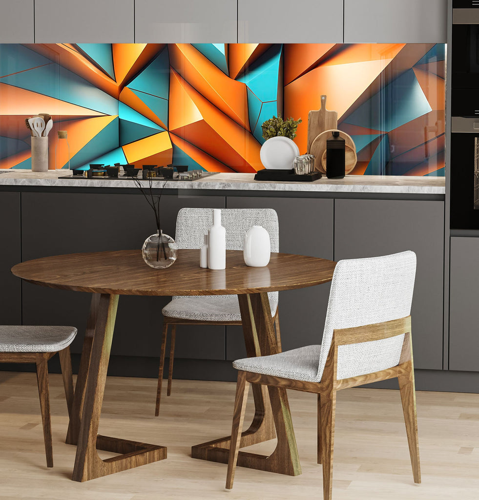a kitchen with a wooden table and white chairs