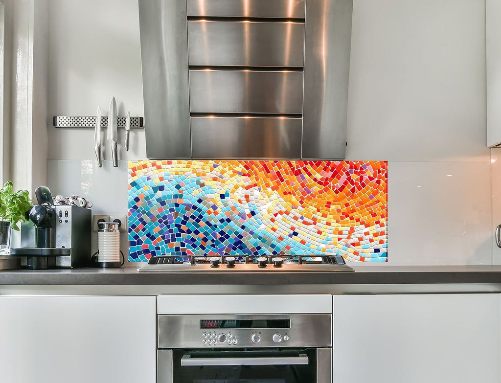 a kitchen with stainless steel appliances and a colorful painting on the wall