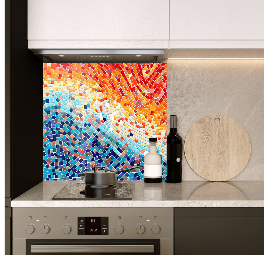 a kitchen with a stove top oven next to a cutting board