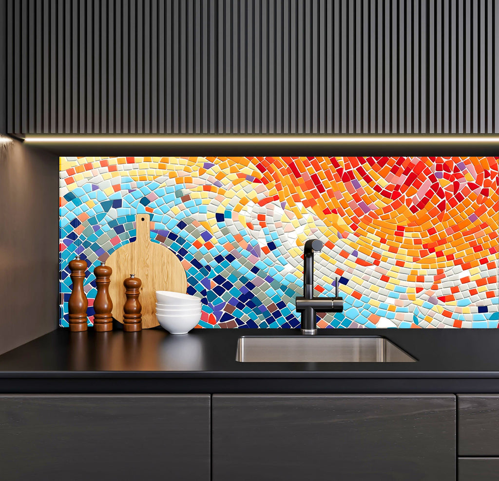 a kitchen counter with a sink and a painting on the wall