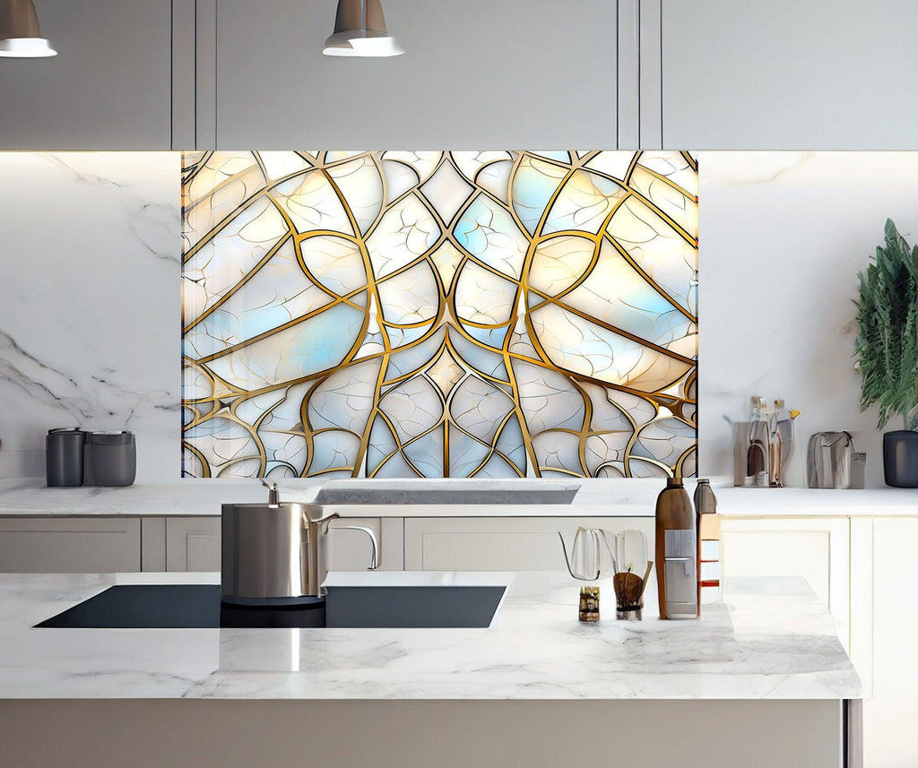 Golden Elegance Marble - Tempered Glass Kitchen Backsplash-BacksplashArtworks