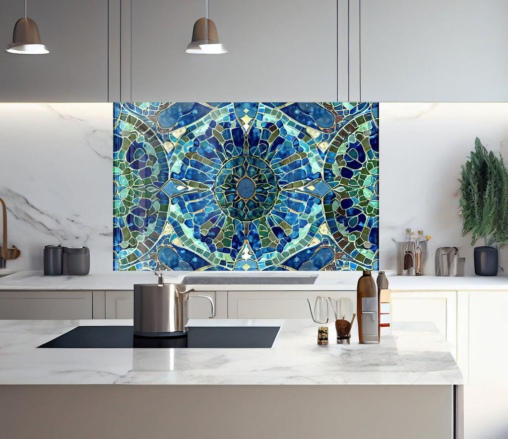 Vibrant Mosaic Glass Kitchen Backsplash – Blue and Green Mandala Design-BacksplashArtworks