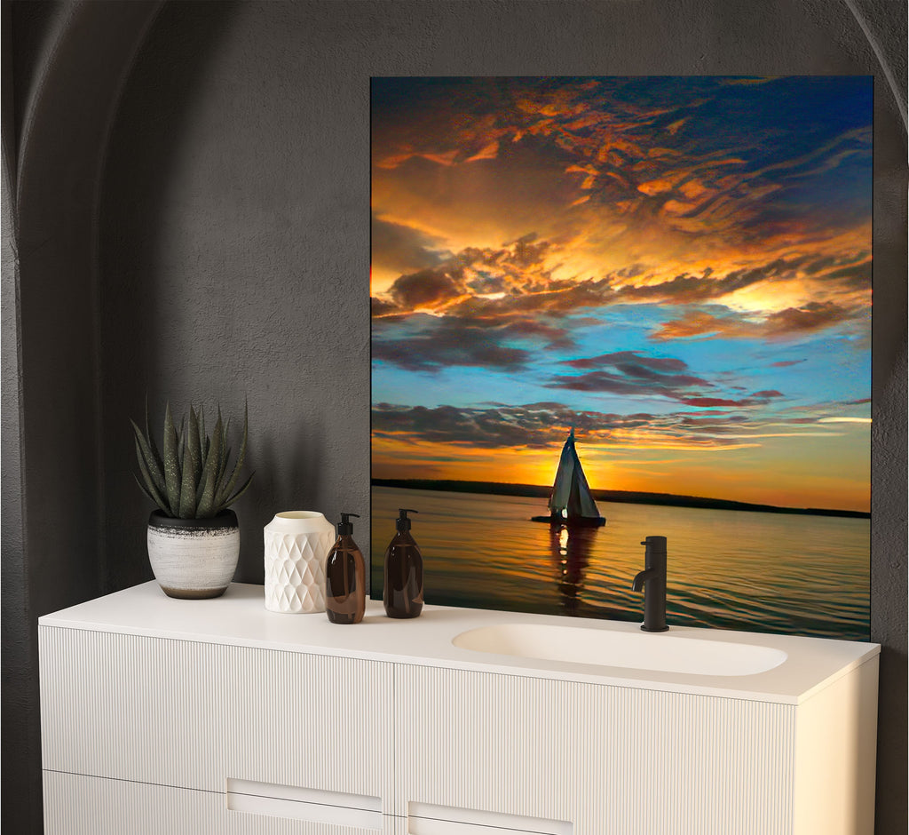 a painting of a sailboat on a lake at sunset