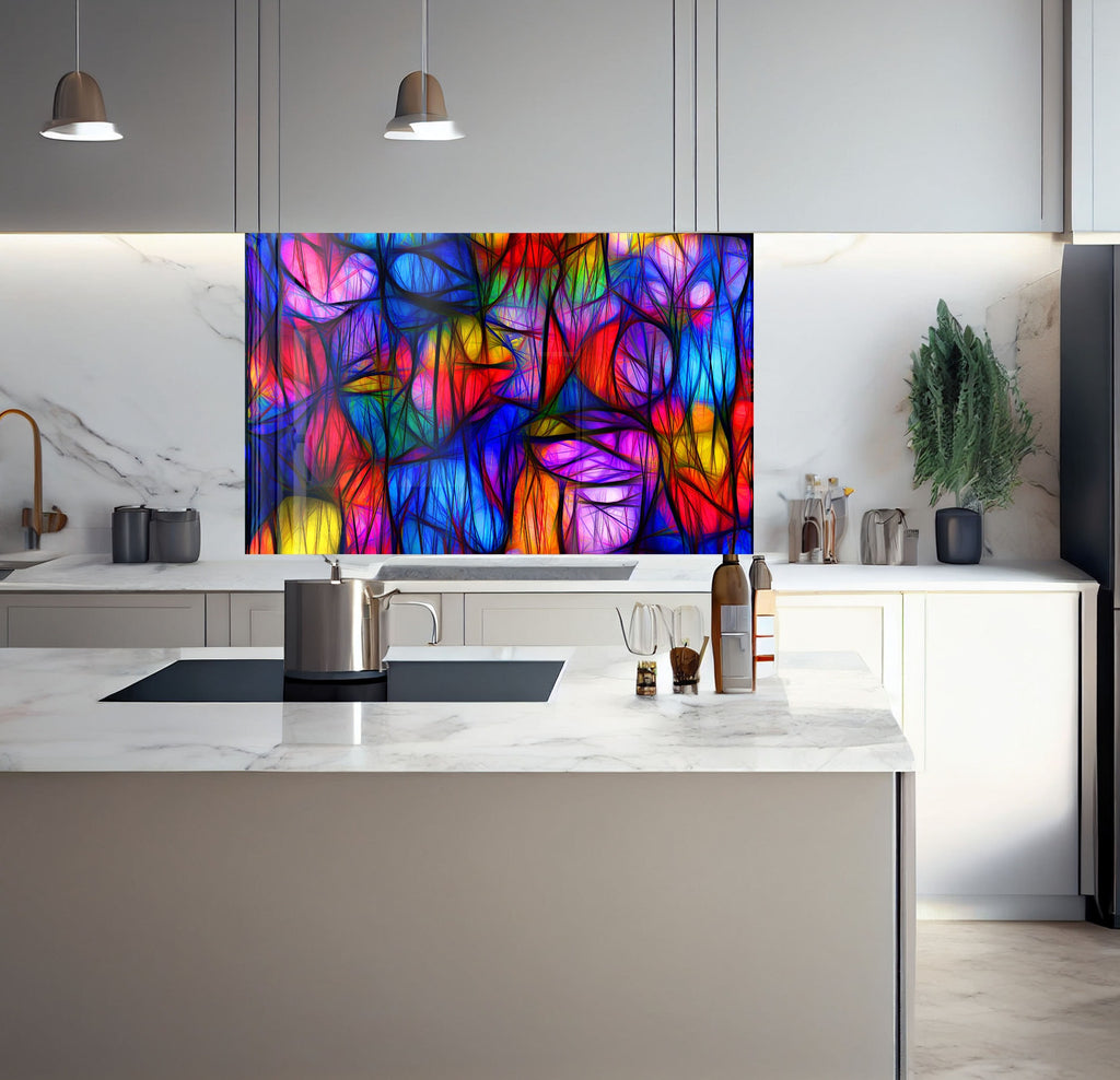 a kitchen with a large painting on the wall