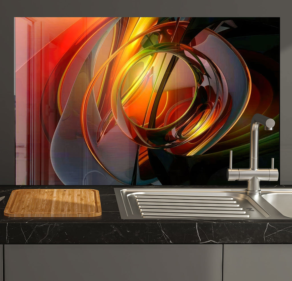 a kitchen with a sink and a painting on the wall