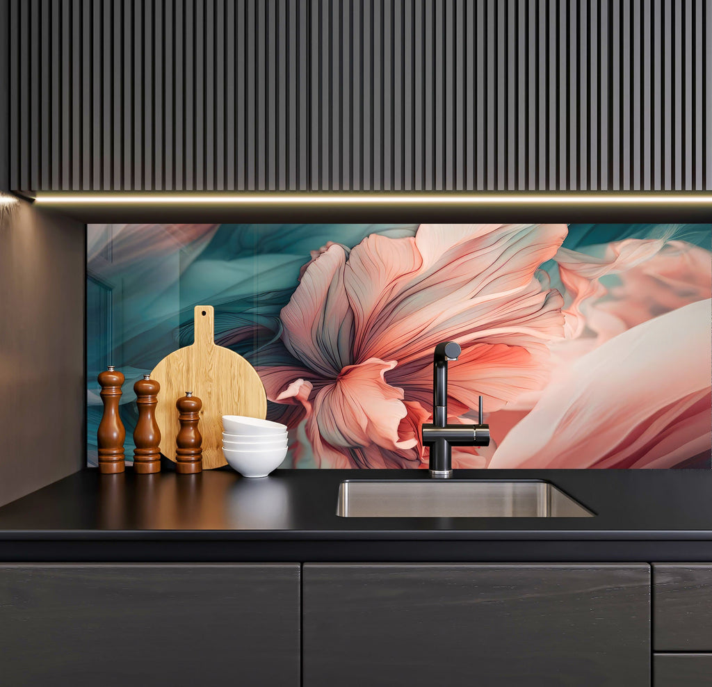 a kitchen with a sink and a painting on the wall