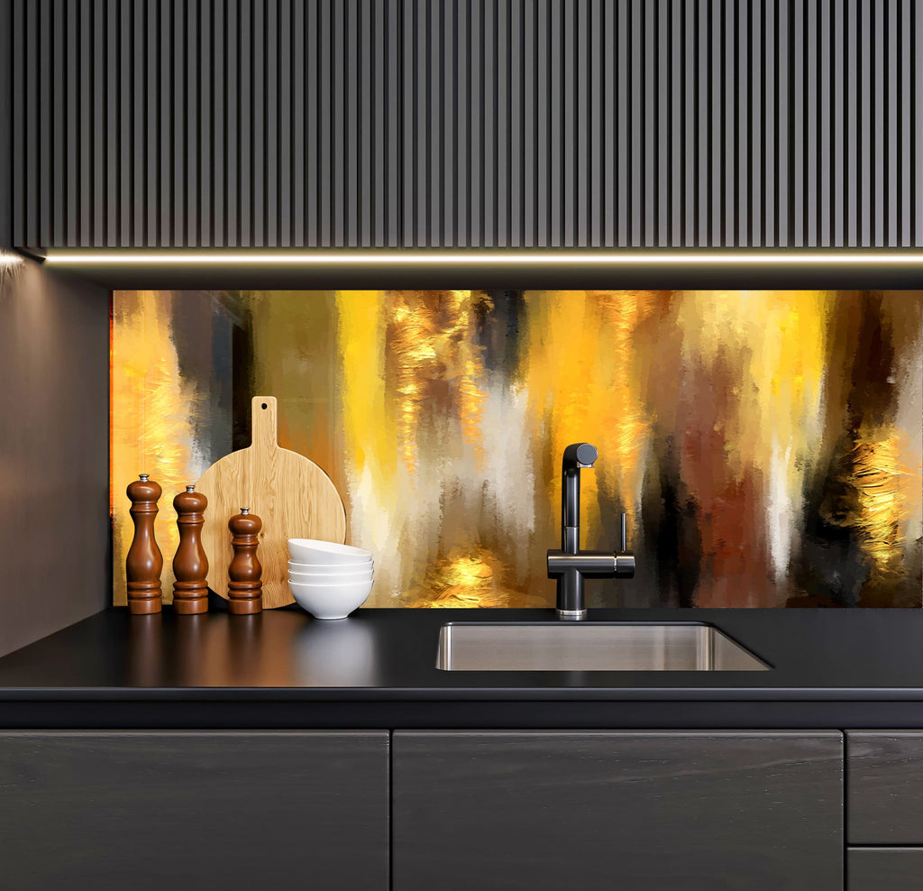 a kitchen with a sink and a painting on the wall
