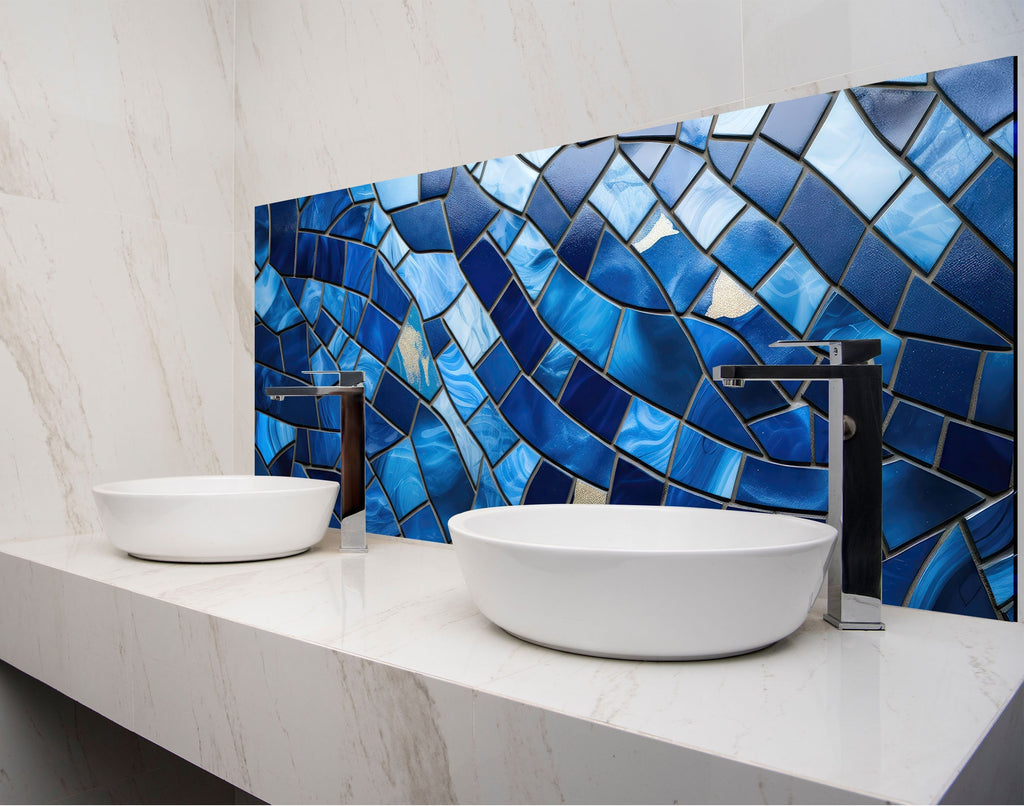 Ocean Blue Wave Stained - Glass Kitchen Backsplash-BacksplashArtworks