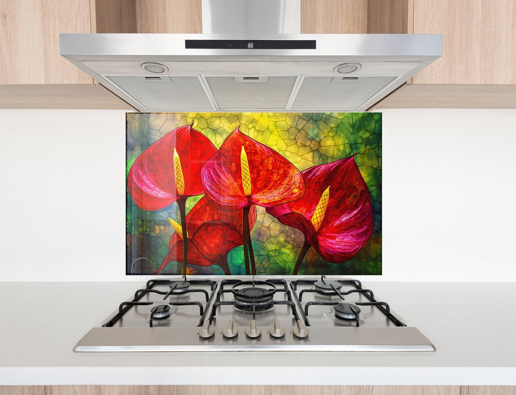 Red Anthurium Stained - Glass Kitchen Backsplash-BacksplashArtworks