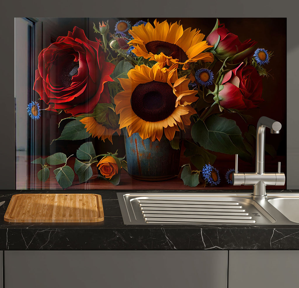 a painting of sunflowers and roses in a vase on a kitchen counter