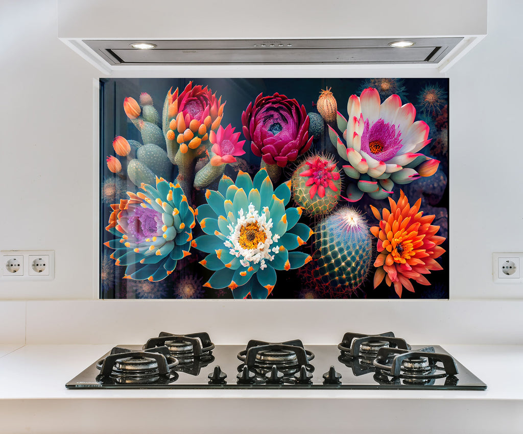 a picture of flowers on a wall above a stove