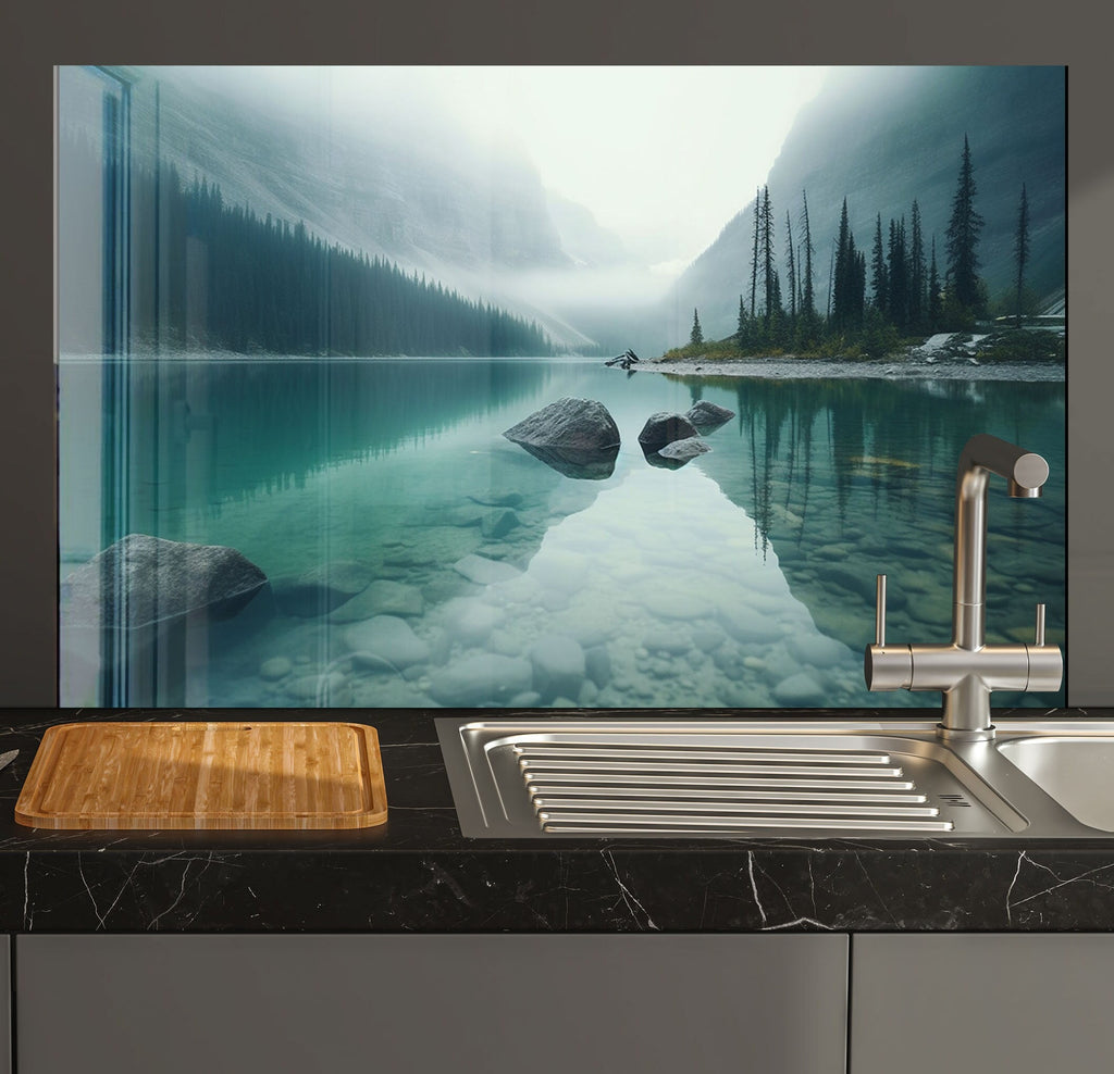 Tranquil Misty Lake – Glass Kitchen Backsplash-BacksplashArtworks