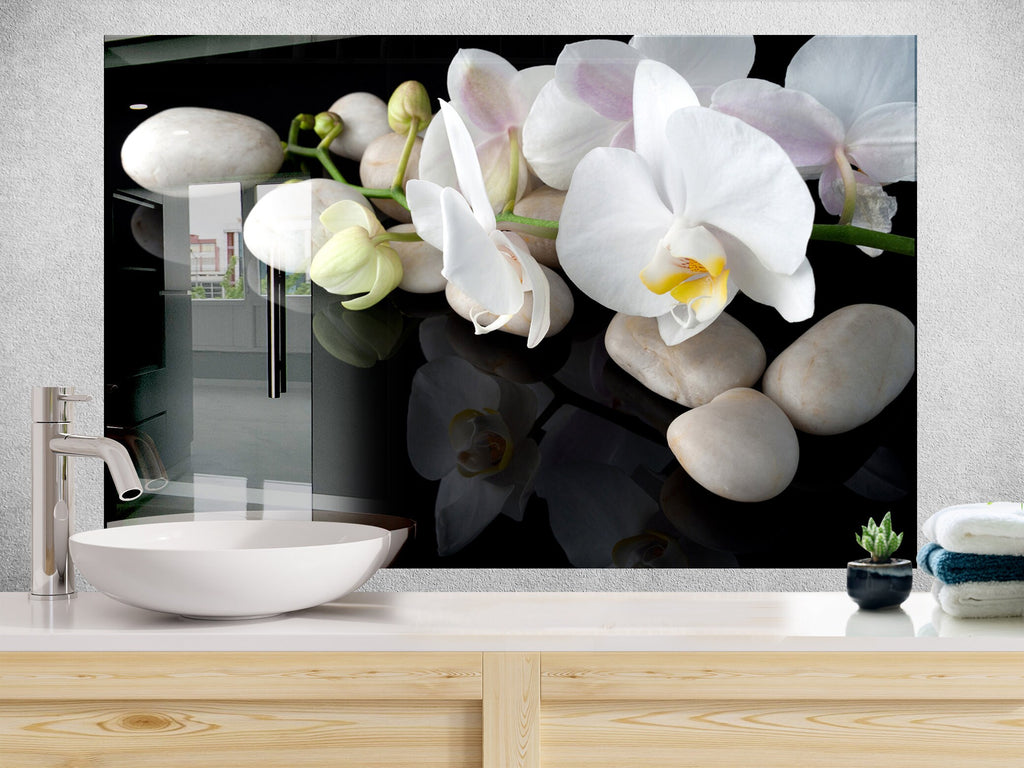 White Orchid Floral Tempered Glass Backsplash-BacksplashArtworks