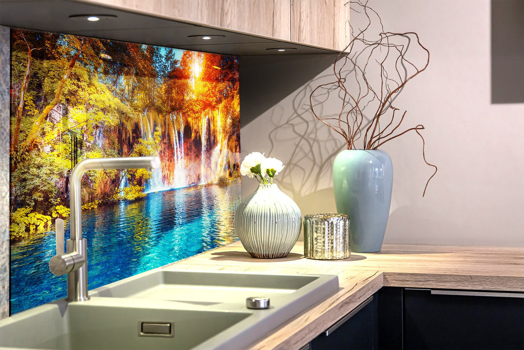 Golden Waterfall Paradise – Glass Kitchen Backsplash-BacksplashArtworks