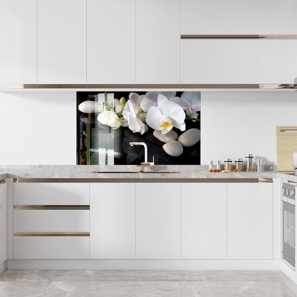 White Orchid Floral Tempered Glass Backsplash-BacksplashArtworks