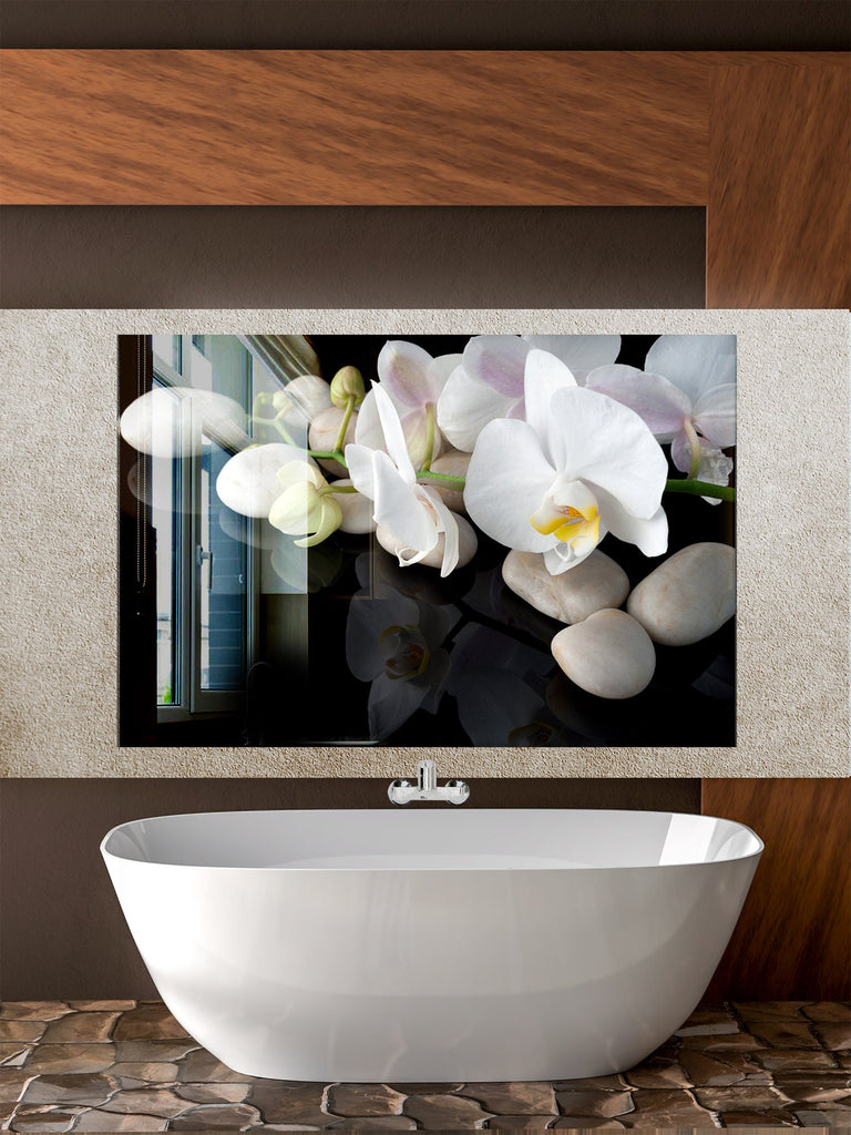 White Orchid Floral Tempered Glass Backsplash-BacksplashArtworks