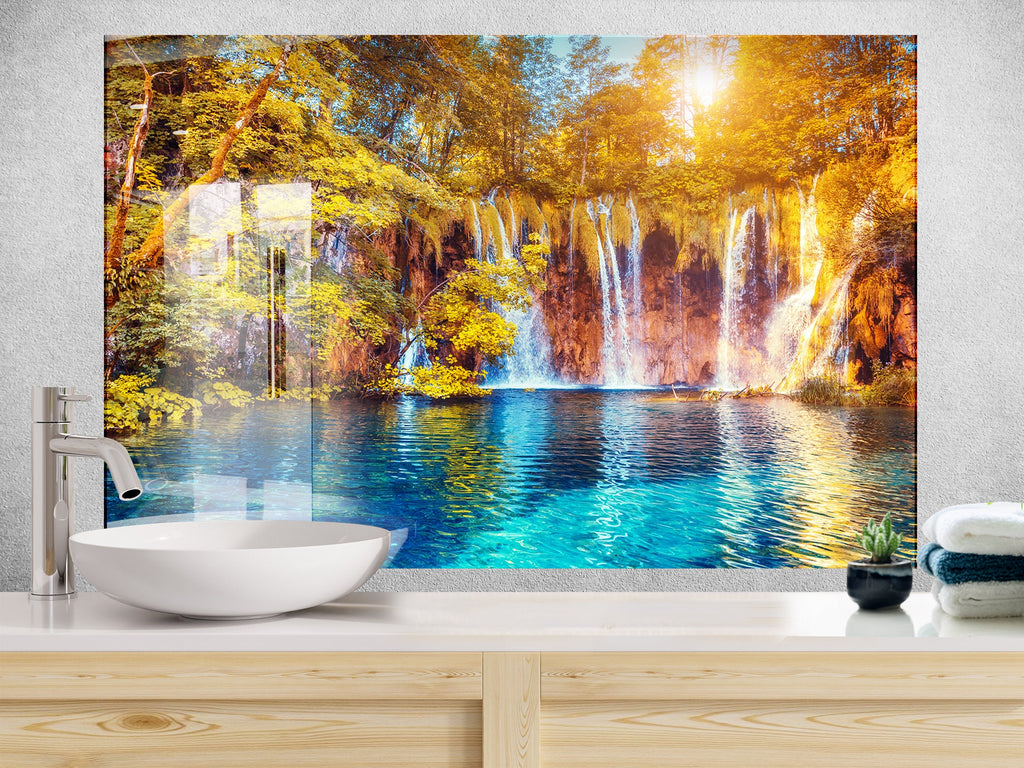 Golden Waterfall Paradise – Glass Kitchen Backsplash-BacksplashArtworks