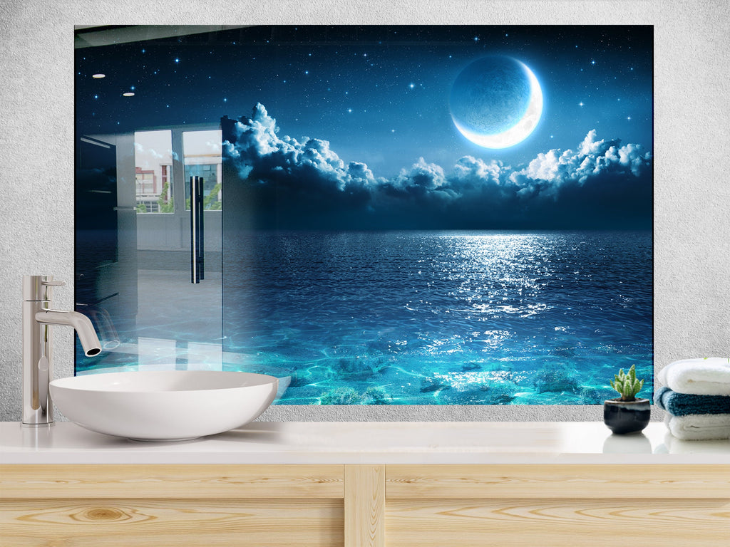 Moonlit Ocean Serenity – Glass Kitchen Backsplash-BacksplashArtworks