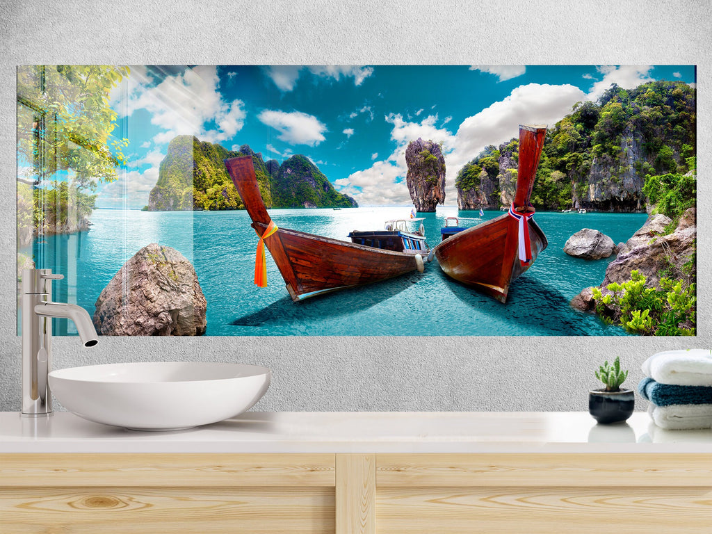 Tropical Boat View Wall Art – Glass Backsplash-BacksplashArtworks