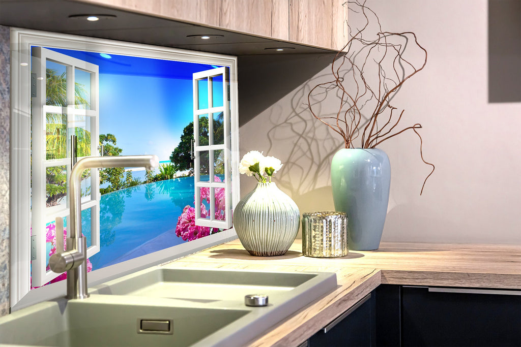 Tropical Ocean View Window - Glass Kitchen Backsplash-BacksplashArtworks