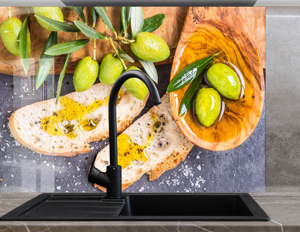 Olive Oil Glass Kitchen Backsplash – Fresh Olive & Bread Design-BacksplashArtworks
