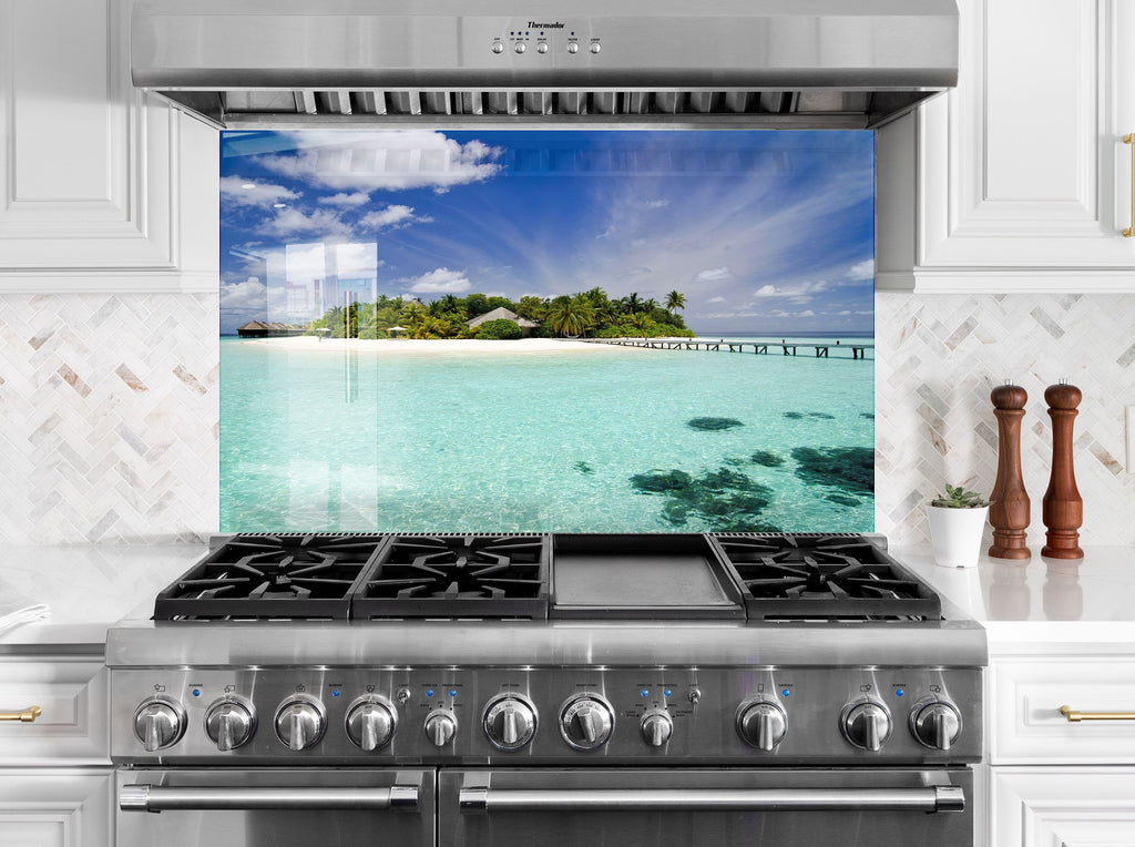 Tropical Island Beach View Wall Art – Kitchen Glass Backsplash-BacksplashArtworks
