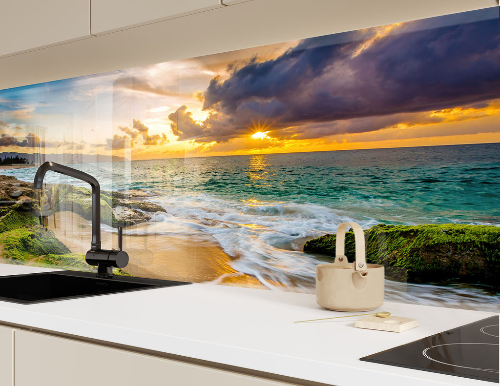 Golden Sunset Beach View Wall Art – Glass Backsplash-BacksplashArtworks