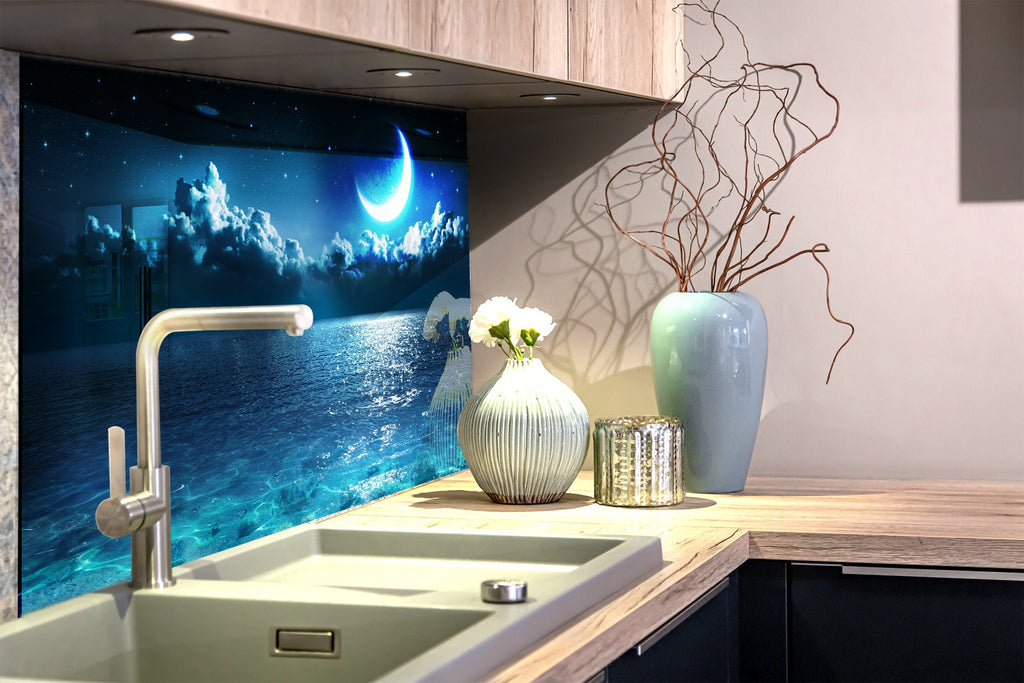 Moonlit Ocean Serenity – Glass Kitchen Backsplash-BacksplashArtworks