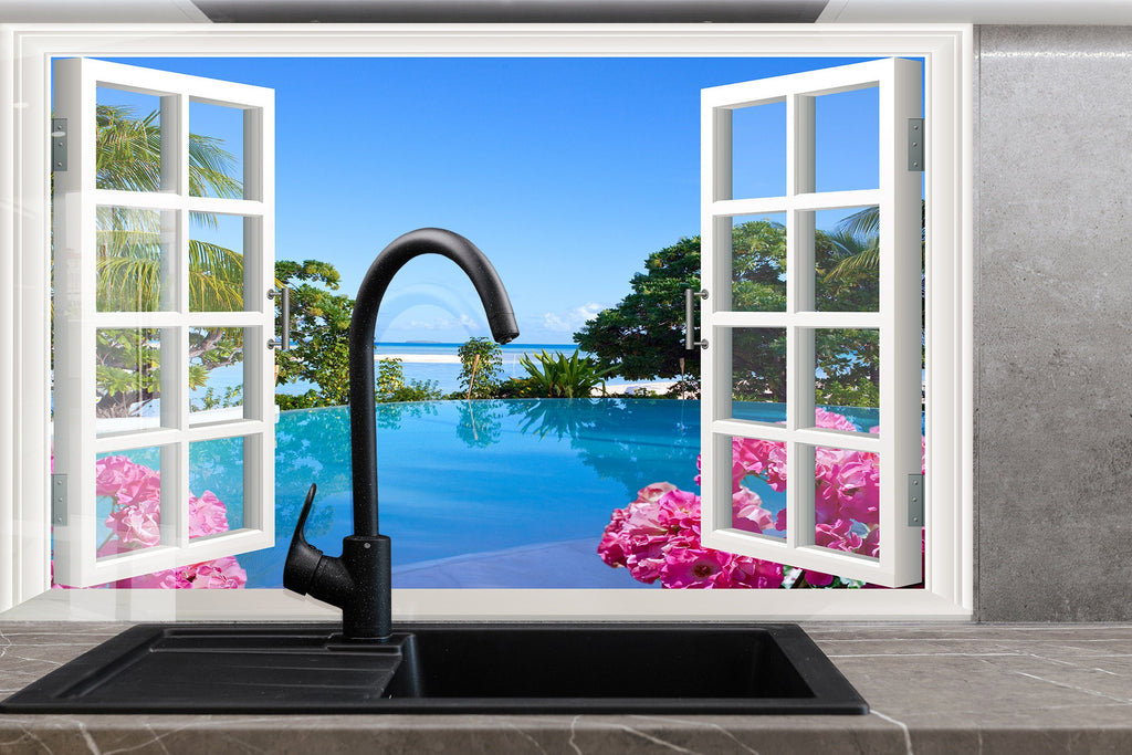 Tropical Ocean View Window - Glass Kitchen Backsplash-BacksplashArtworks