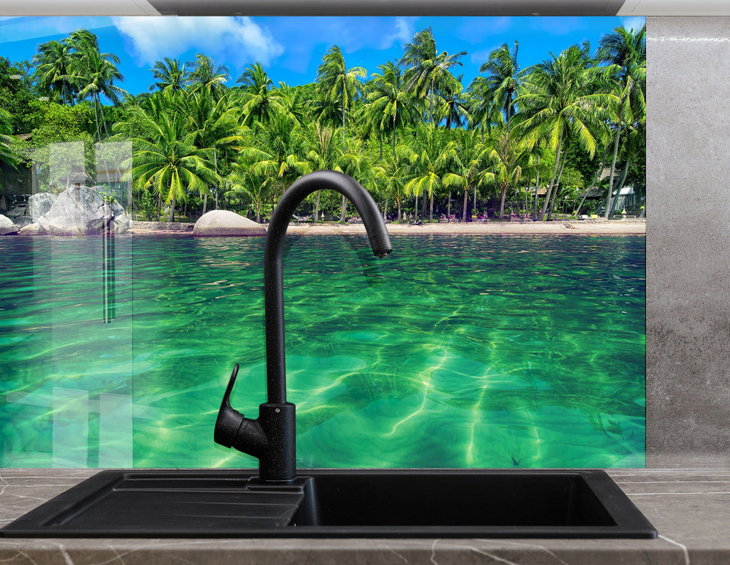 Tropical Green Beach Wall Art – Tempered Glass Bathroom Backsplash-BacksplashArtworks