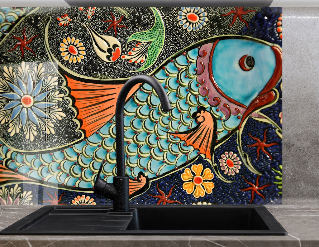 Mosaic Glass Kitchen Backsplash with Colorful Fish Design - Artistic and Vibrant-BacksplashArtworks