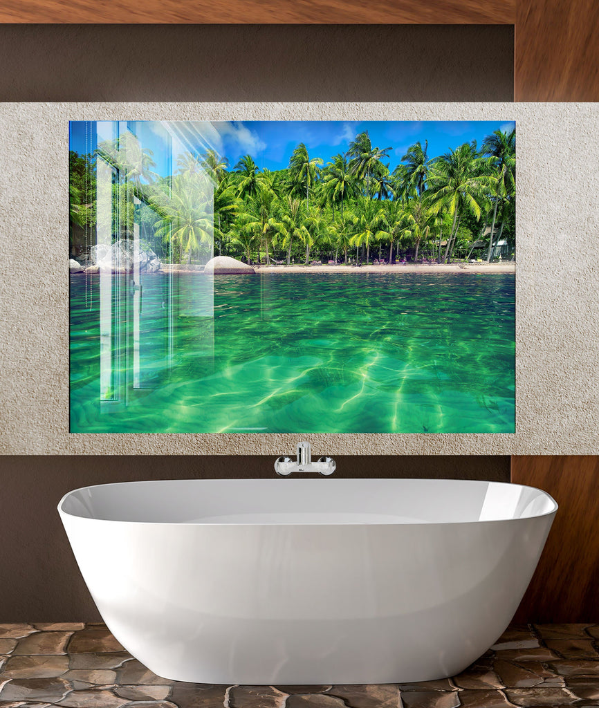Tropical Green Beach Wall Art – Tempered Glass Bathroom Backsplash-BacksplashArtworks