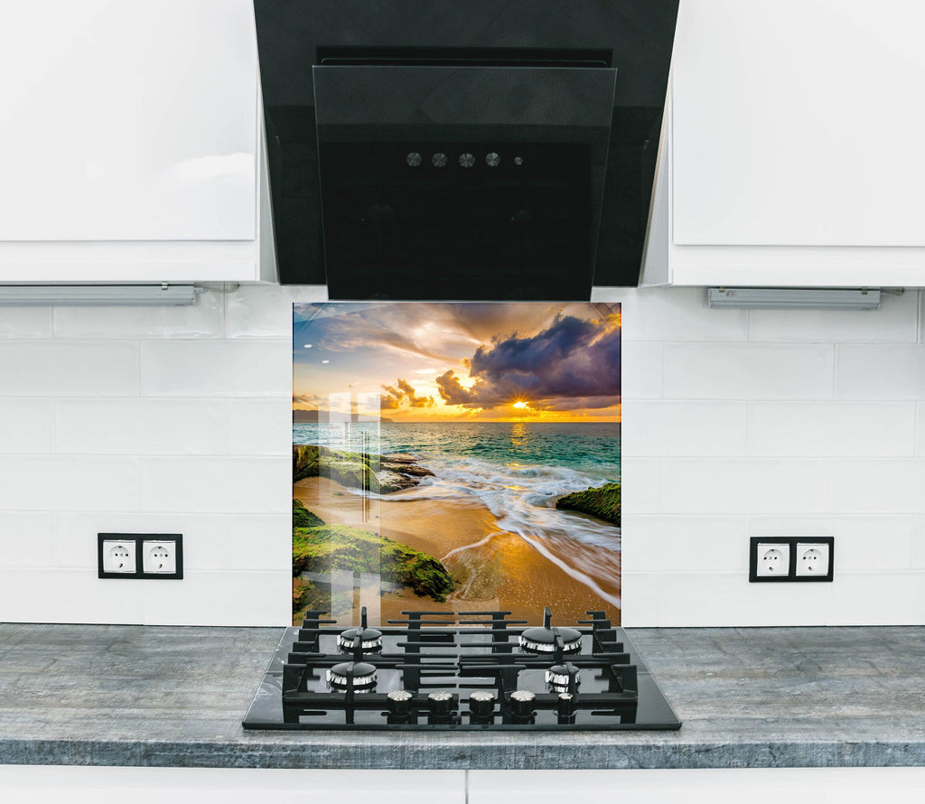 Golden Sunset Beach View Wall Art – Glass Backsplash-BacksplashArtworks