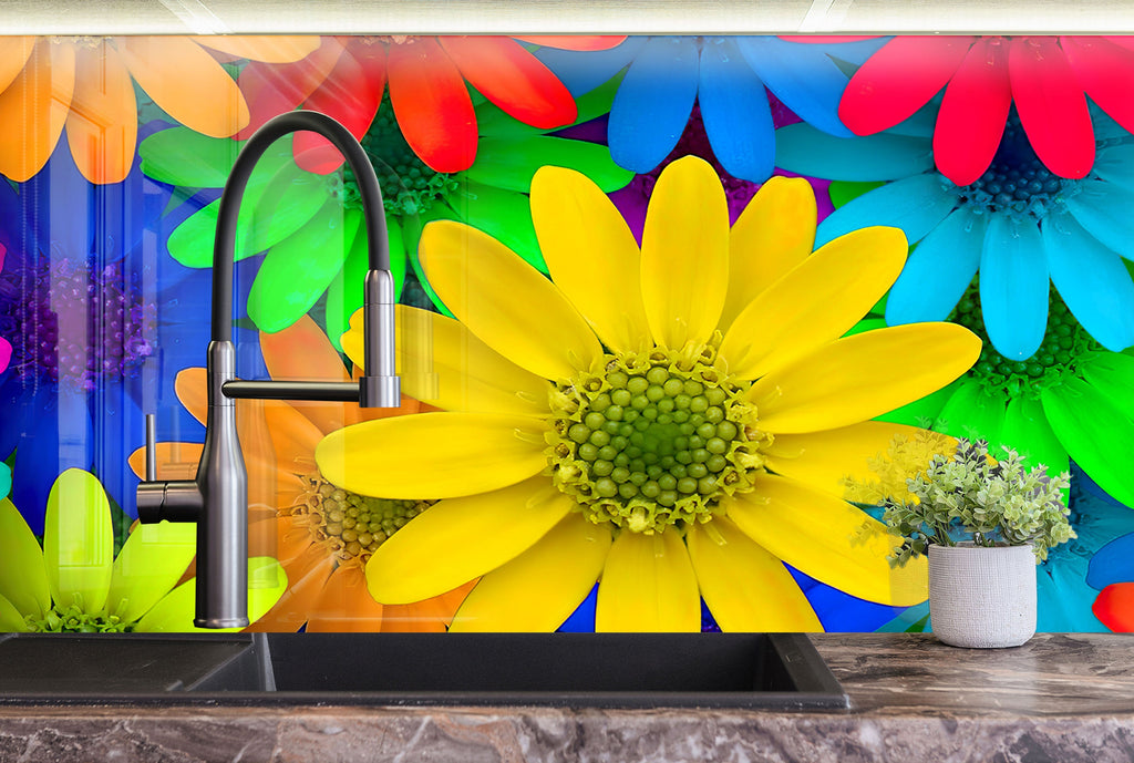 Colorful Flowers Tempered Glass Backsplash-BacksplashArtworks