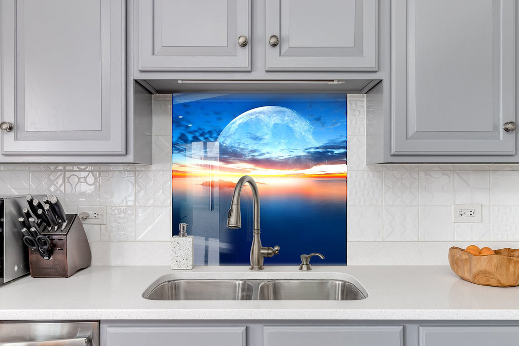 Moonlit Ocean Horizon - Glass Kitchen Backsplash-BacksplashArtworks