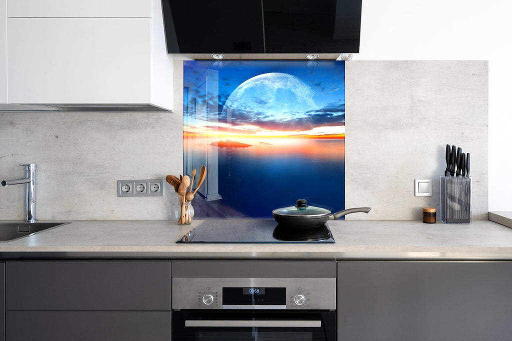 Moonlit Ocean Horizon - Glass Kitchen Backsplash-BacksplashArtworks